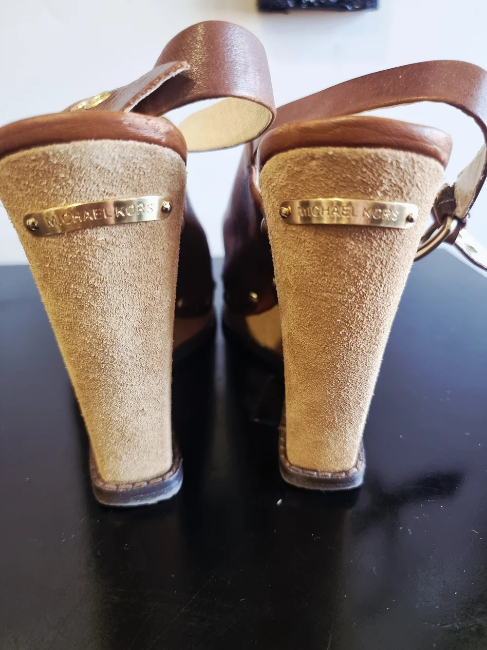 Michael Kors Brown Leather and Suede Wedge Sandals with Stud Accents
